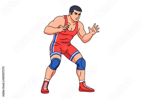 A wrestler in a red and blue singlet standing in a fighting stance