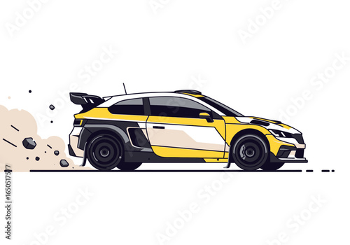 A yellow rally car is kicking up dust as it races along the ground