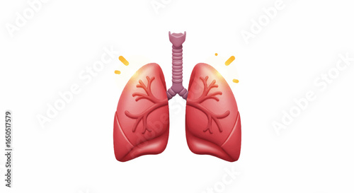 Stylized 3D icon of healthy human lungs and trachea with a vibrant pink color and a subtle healthy glow.