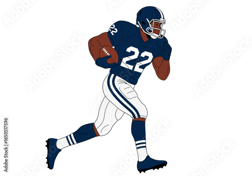 An American football player is running holding the ball close to his chest