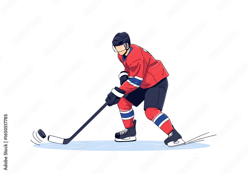 Fototapeta premium Hockey player in red uniform skating puck in play illustrated style on white