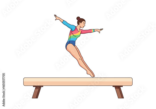 Gymnast leaps on balance beam rainbowcolored leotard arms outstretched