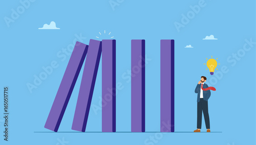 Courage businessman thinking look at collapsing domino effect. Risk management, uncertainty or unknown threat causing business failure, economic crisis, danger or problem, security and safety.