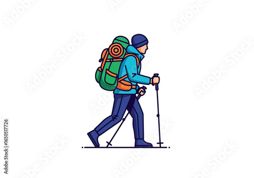 Hiker with backpack and poles walking on a flat line