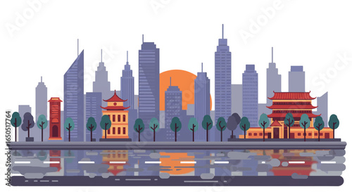 Stylized cityscape blending modern skyscrapers and traditional Asian architecture with water reflection.