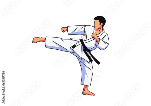 Karateka in a white uniform black belt executing a side kick