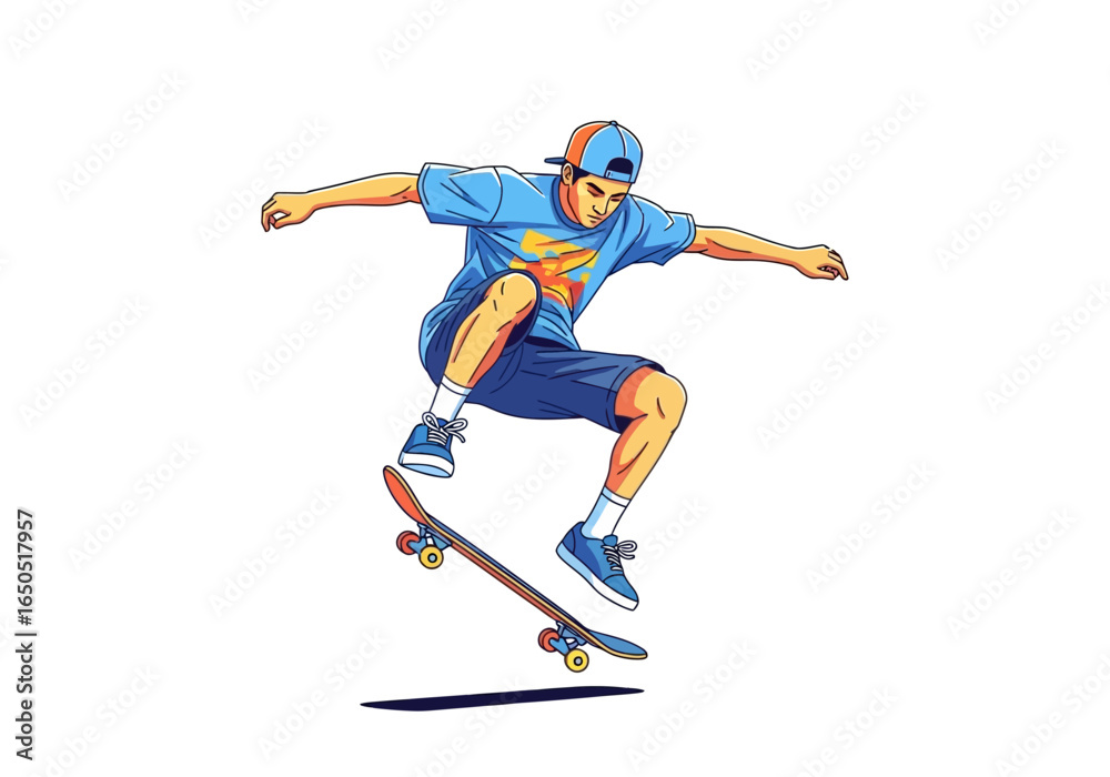Obraz premium Skateboarder in midair executing a trick Wearing blue clothes and a cap