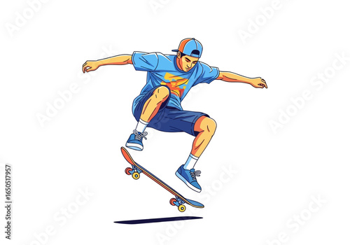 Skateboarder in midair executing a trick Wearing blue clothes and a cap