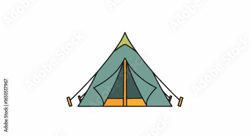 Stylized illustration of a teal Aframe camping tent with open orange flaps.