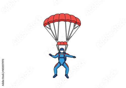 Skydiver in a blue suit descends with a large red parachute on a white background