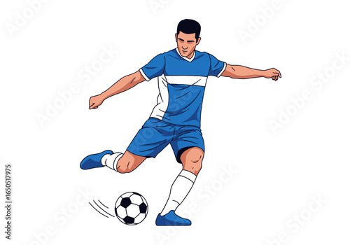 Soccer player in blue and white uniform kicking a soccer ball