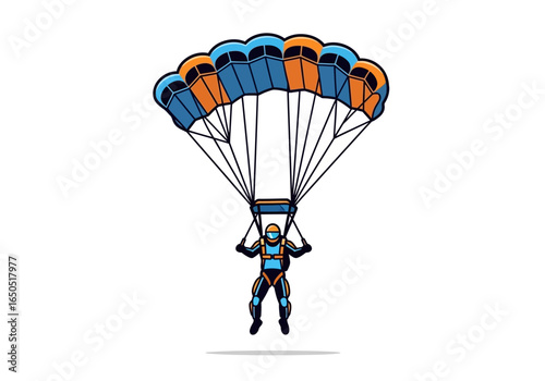 Skydiver under an open parachute with blue and orange panels
