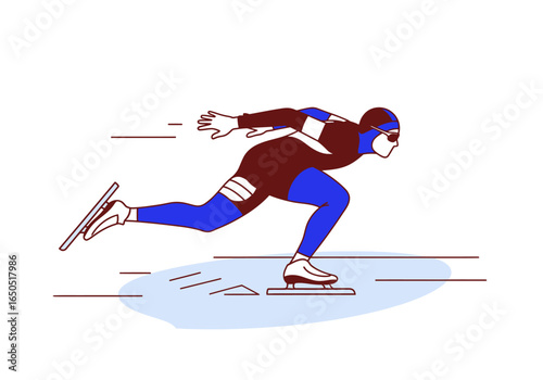 Speed skater gliding on ice leaning forward for speed wearing a suit and goggles