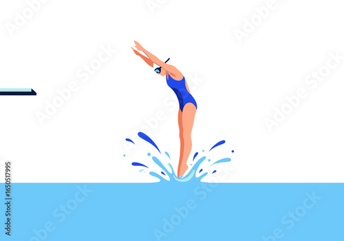Swimmer wearing blue suit dives into water Splashes present
