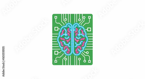 Stylized neoncolored brain integrated into a green computer circuit board symbolizing artificial intelligence.