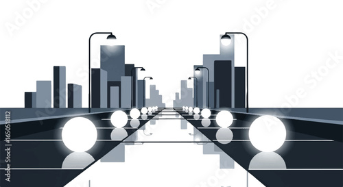 Stylized monochromatic cityscape with glowing orb headlights on a reflective city street.