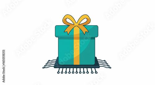 Stylized teal gift box with a yellow ribbon bow resting on a computer microprocessor chip.