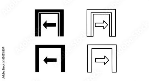 Versatile set of four minimalist graphic icons illustrating directional movement for entry and exit points, ideal for navigation systems and user interfaces.