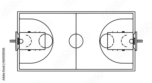 Detailed Black and White Diagram of a Basketball Court with Key Markings and Hoop Positions
