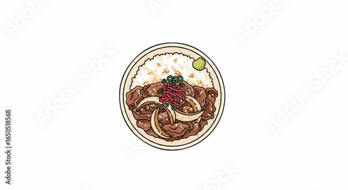 Topdown illustration of a Japanese Gyudon beef bowl with rice onions pickled ginger and wasabi.