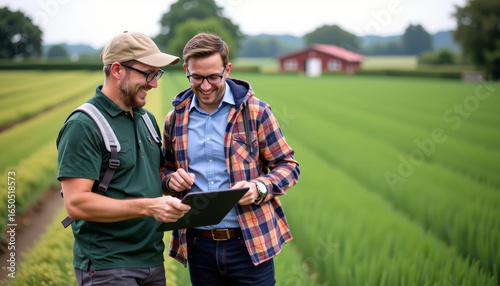 Business consultant and farmer collaborating in agricultural fields rural landscape tablet discussion professional insight
