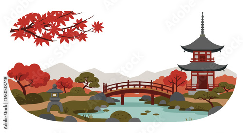 Traditional Japanese garden landscape with a pagoda bridge and red maple leaves during autumn.