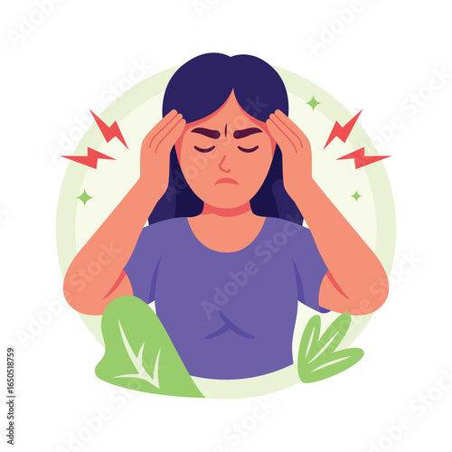 An illustration of a woman suffering strong headache or migraine