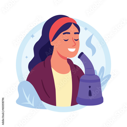 Illustration of a woman with closed eyes, inhaling steam from a vaporizer.