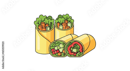 Vector illustration of fresh vegetable spring rolls sliced to show colorful lettuce pepper and carrot filling.