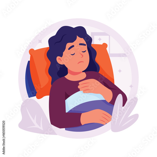 A flat illustration of a woman taking rest on bed, ready to use vector