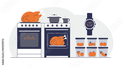 Flat vector illustration of a modern smart kitchen with integrated appliances, meal prep containers, and wearable technology for efficient home cooking
