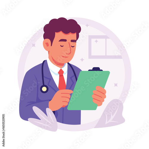 Creatively crafted flat illustration of a doctor holding a medical clipboard during patient consultation.