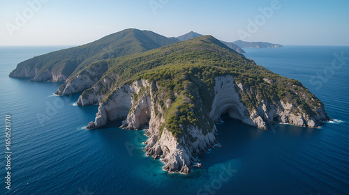 Aerial view of rocky coastline with greenery and rugged terrain, Filicudi Island, Italy.