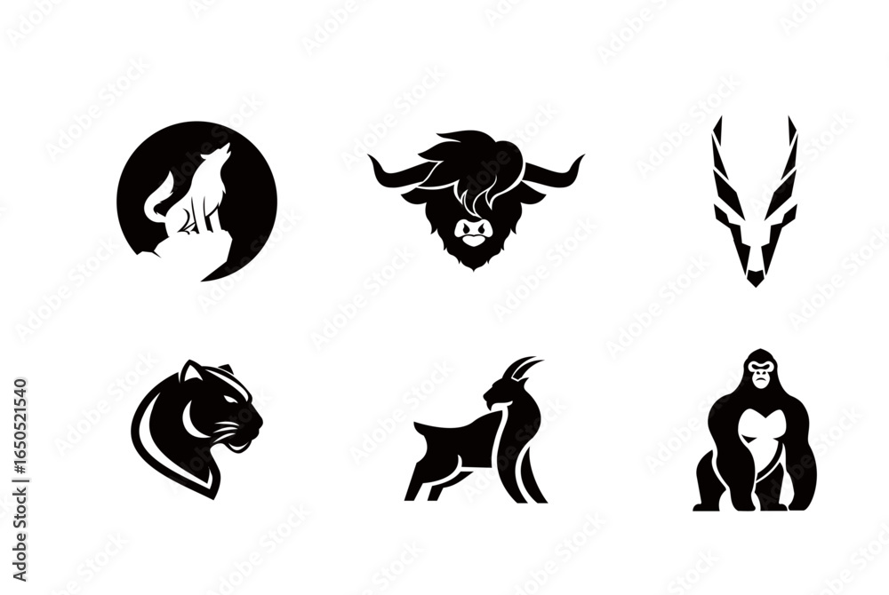 Fototapeta premium Animal Logo Set: Wolf, Bull, Antelope, Panther, Goat, Gorilla