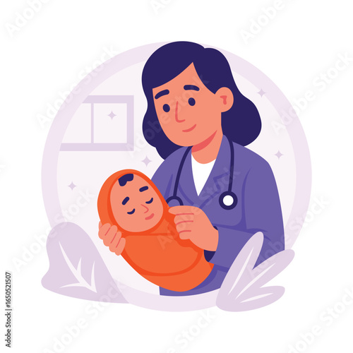 A female doctor holds a newborn baby a hospital, flat vector illustration