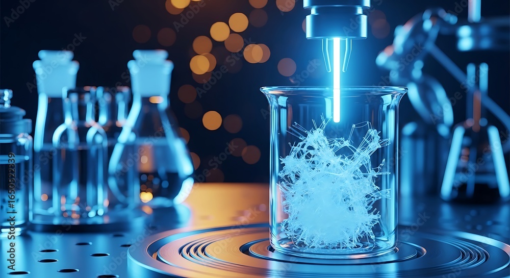 Naklejka premium Microscopic Structure Being Fabricated by Blue Light Beam in Scientific Laboratory Beaker