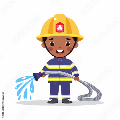 Minimalist flat vector icon of a kid pretending to be a firefighter, symbolizing bravery and childhood play.