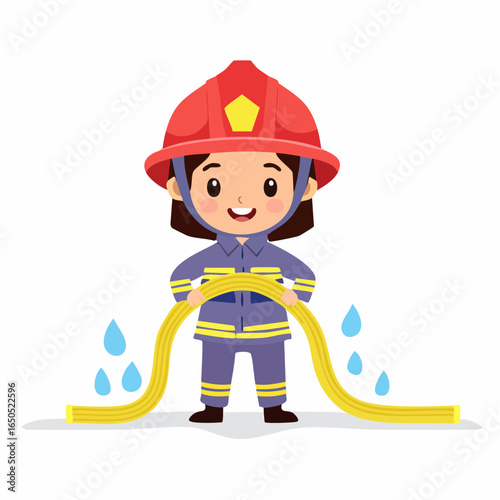 Minimalist flat vector icon of a kid pretending to be a firefighter, symbolizing bravery and childhood play.