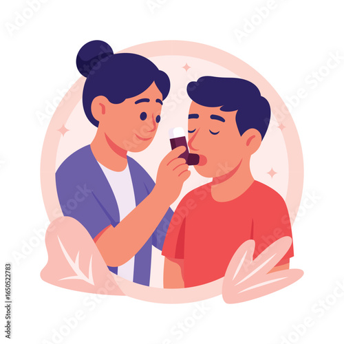 Medical professional giving treatment to asthma patient, flat illustration