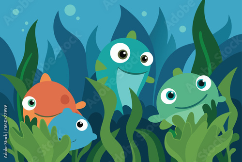 Friendly Sea Monsters Cartoon Kelp Bushes Scene