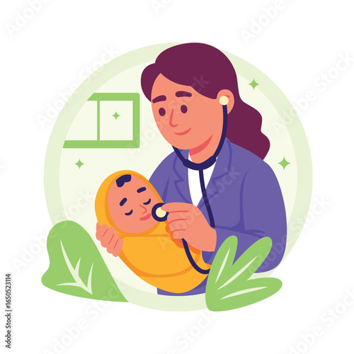 Well designed flat illustration of a pediatrician examining a baby in a clinic
