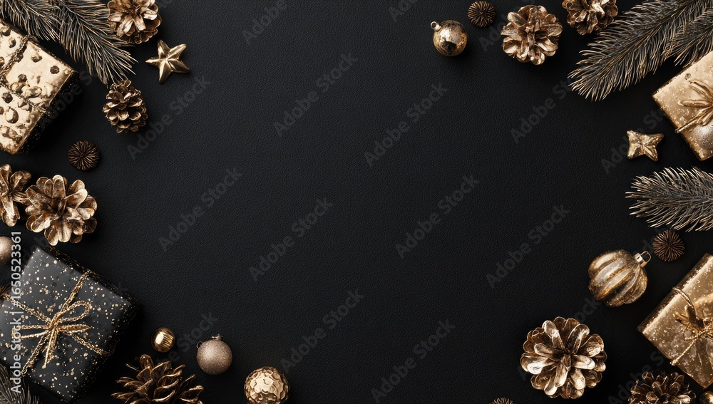 Naklejka premium Gold Christmas decorations on black background