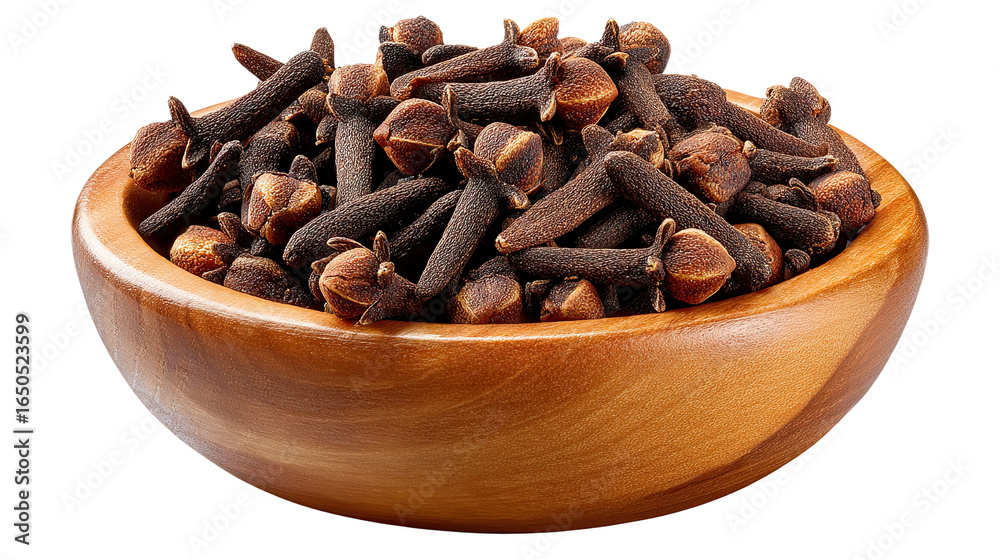 Obraz premium Aromatic Clove Display: An eye-level shot presents a wooden bowl overflowing with an assortment of fragrant, dried cloves against a bright background, showcasing the detail in each spice.