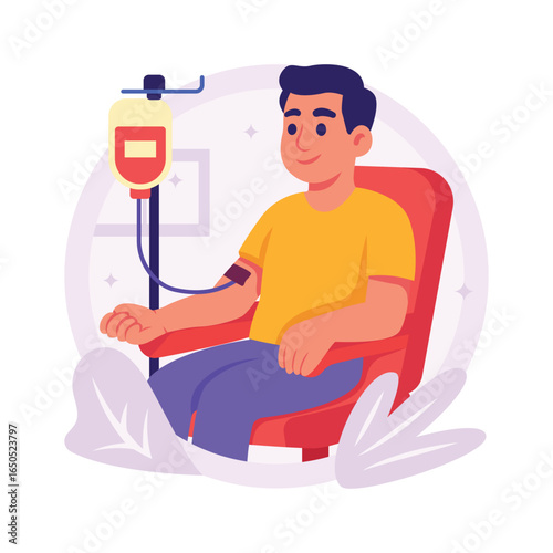 Flat illustration of a man in a hospital bed, receiving an intravenous drip.