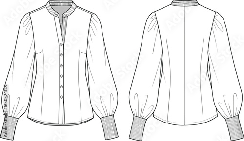 Fashionable blouse design, CAD drawing, flat vector illustration, front and back view, puff sleeve, technical sketch, garment template, apparel mockup