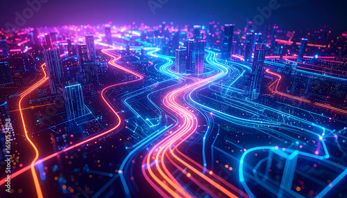 Aerial View of Illuminated City at Night with Flowing Light Trails and Futuristic Design
