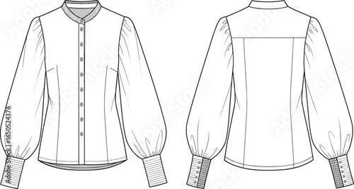 Women's Band Collar Blouse with Voluminous Sleeves and Button Cuffs, Fashion Technical Sketch, Apparel CAD, Elegant Shirt
