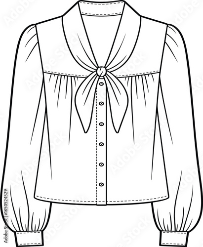  Women's Button-Front Peasant Blouse with Tie Neck, Fashion Technical Flat Sketch, Apparel Design CAD, Boho Chic Everyday Top
