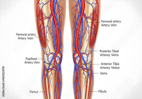 Detailed medical illustration of human leg anatomy showing arteries, veins, and bones