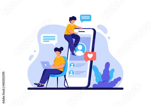 People connecting online, chatting, and sharing likes with a modern social media app design